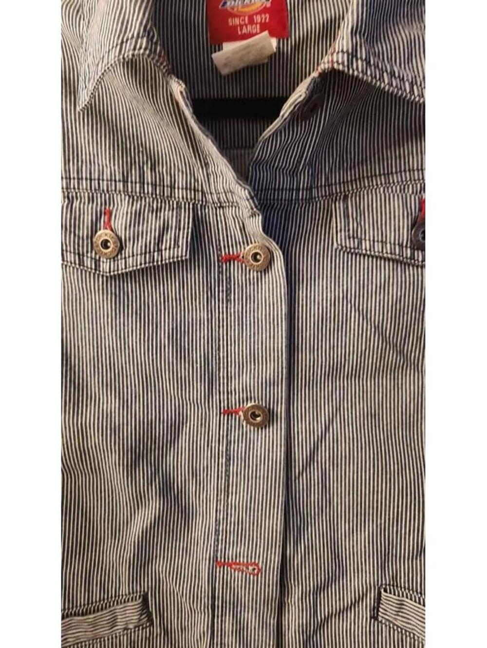 Woman's Jacket Dickies Blue and White striped denim with red trim. Button up.